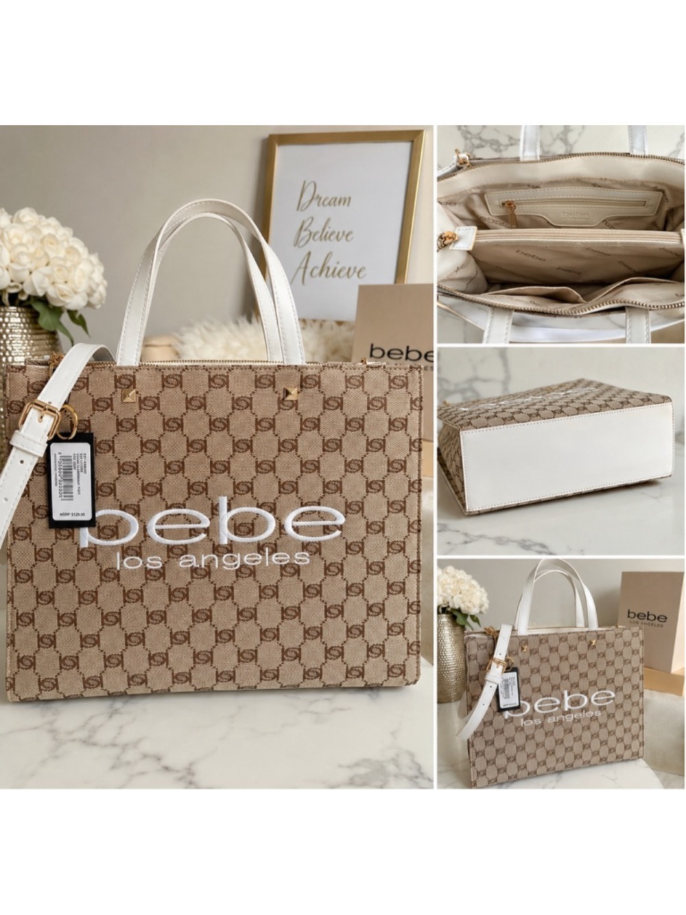NWT Bebe Tatulla Jacquard Tote Bag White Monogram Logo Satchel Crossbody